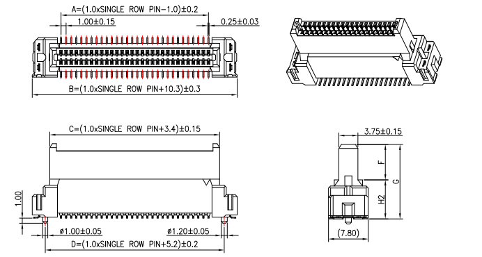 1.00mm pitch board-to-board male header technical drawing with dimensional specifications for 60 pin configuration