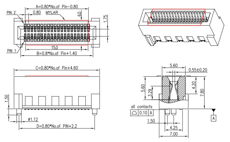 Mechanical dimensions, cross-section view, and internal structure of CONSHARE 0.8mm vertical SMT connector, highlighting MYLAR insulation layer, contact system, and L-shaped solder feet design