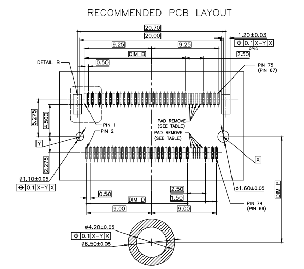 CONSHARE A128906711RHF M.2 B-Key Connector official recommended PCB layout drawing, with pad placement, pitch, and mounting hole dimensions