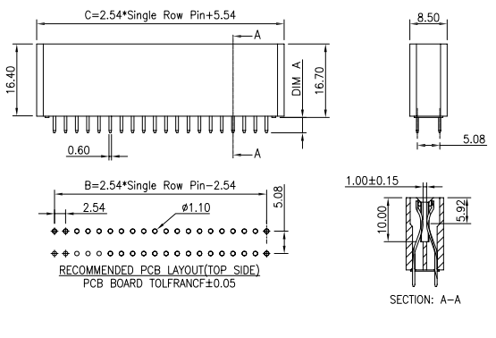 CONSHARE CRPS DIP card edge power connector side view, A-A terminal cross section & top side PCB layout dimension drawing with DIM A option spec