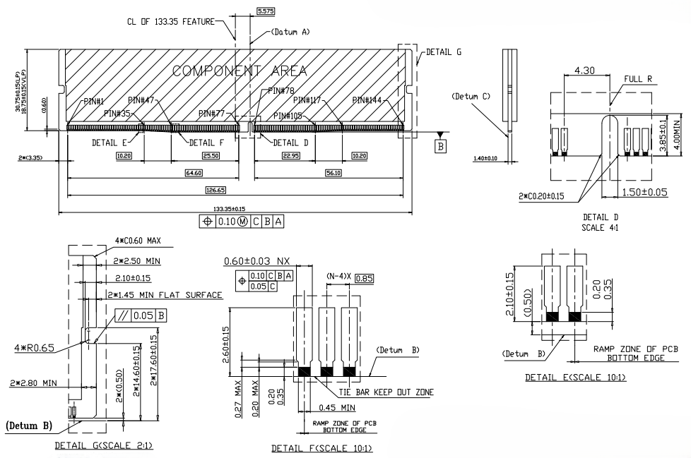 CONSHARE DDR4 288P DIP DIMM connector side view showing 133.35mm key feature, component area, and contact section details