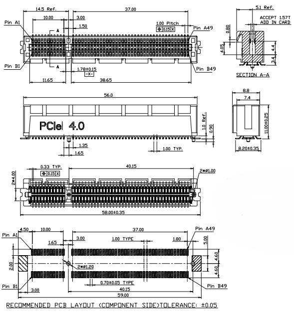 CONSHARE PCIe Gen4.0 98-pin vertical SMT connector mechanical drawing showing top view, side profile, cross section, and recommended PCB layout