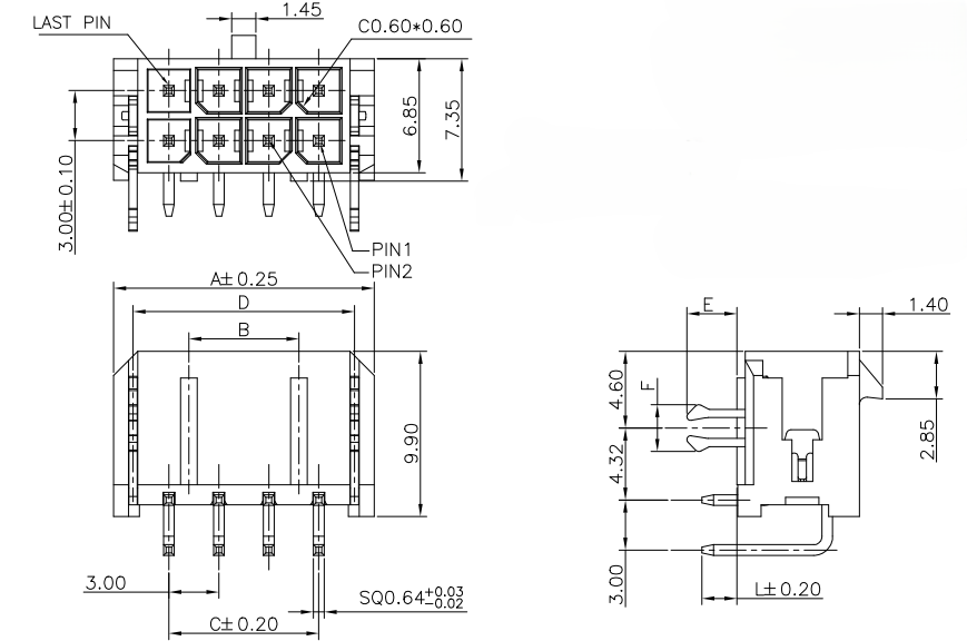 Mechanical drawing of the CONSHARE CR902 3.00 mm dual-row 90&deg; DIP wafer in the 2 x 5P (10-position) size, showing top, front and side views: 3.00 mm pitch, 6.85 mm / 7.35 mm housing, 3.20 mm solder tail, harpoon board lock and soldering-lug grounding fitting