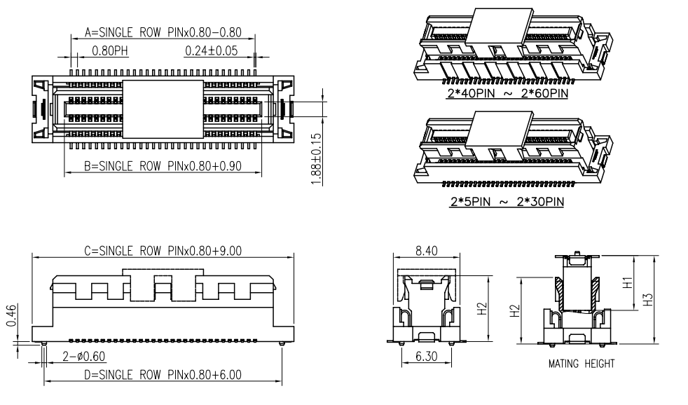 CONSHARE AAC8F080G2083R1 80-position floating BTB receptacle outline drawing with 41.00 mm body length and H1, H2, H3 mating height dimensions