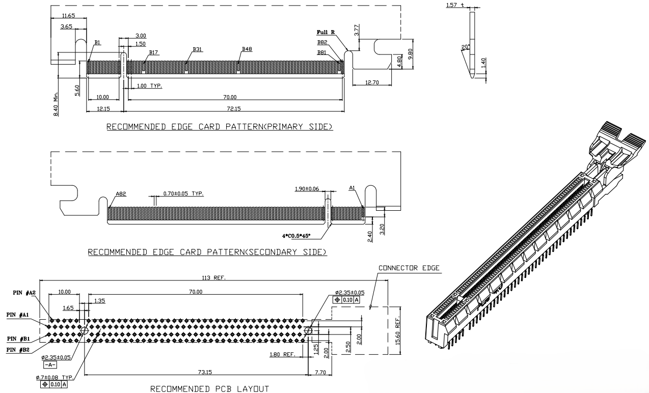 BR164251K1CX PCIe Gen4 164-pin DIP connector recommended PCB layout and edge card pattern, primary and secondary side