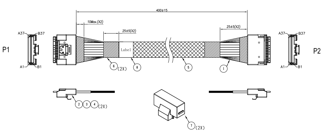 SlimSAS 8X STR to SlimSAS 8X STR cable assembly 400mm mechanical dimension drawing with cable length 400&plusmn;15mm, label positions at 25&plusmn;5mm from each connector, and 10mm maximum cable exit length
