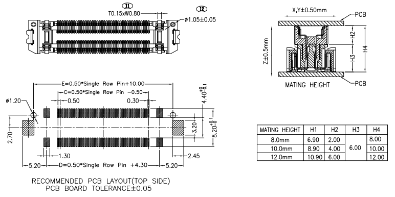 Side view and recommended PCB layout top side for CONSHARE vertical SMT floating BTB connector with 8mm 10mm 12mm mating height options and X Y Z floating tolerance