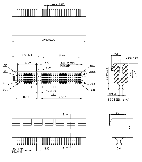PCIe 64P clamp-type connector BR0641X37 dimensional drawing showing top, front, and side views with 39.00 mm length, 1.00 mm contact pitch, and integrated clamp foot