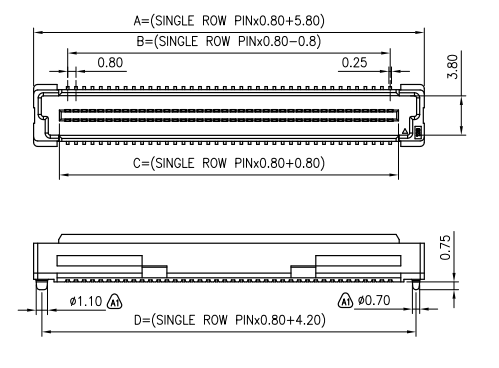 0.8mm pitch BTB male connector dimensions drawing with 80 pins SMT 5.0mm height