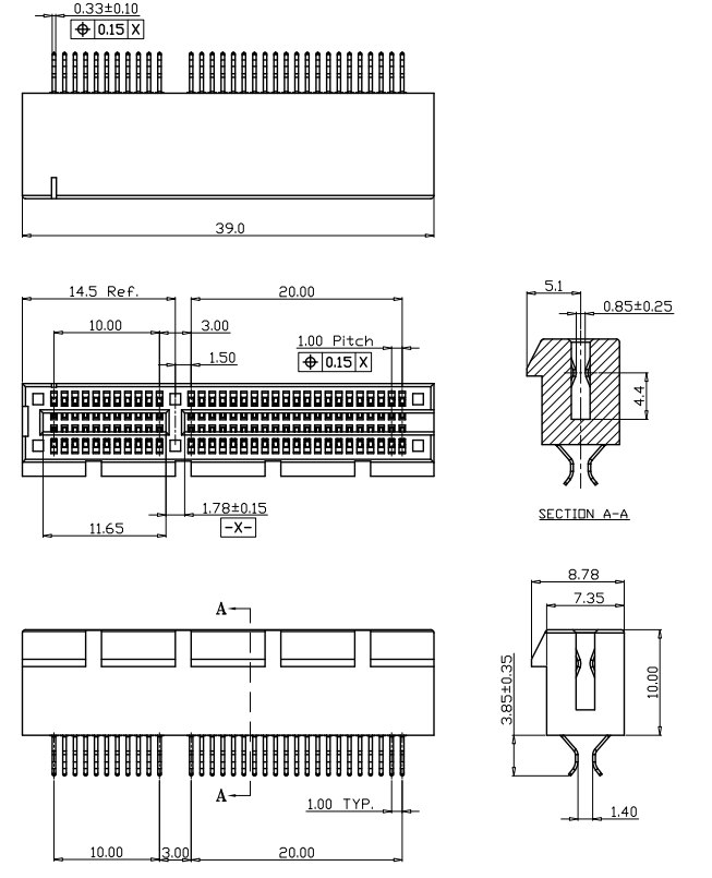 CONSHARE PCIe 3.0 64-pin low-angle clamp SMT connector mechanical dimensions and pin layout