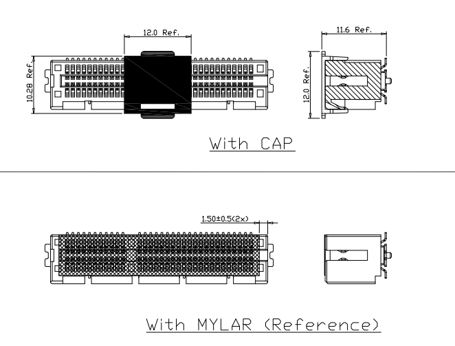 PCIe Gen4 64P SMT connector top view with protective cap and bottom view with MYLAR reference