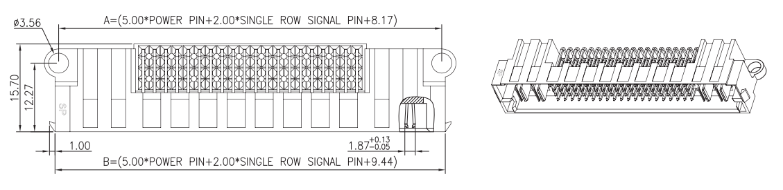 CONSHARE right angle DIP power and signal combo connector front isometric view