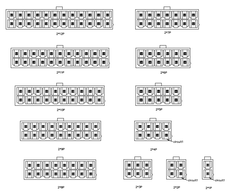 ATX 4.2mm pitch hollow pin connector available pole counts from 2x1 to 2x12, including 2x4 and 2x12 for ATX power