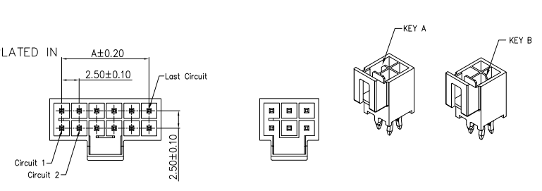 CONSHARE 2.50mm pitch wire to board crimp connector KEY A KEY B 3D housing structure & pitch dimension reference drawing