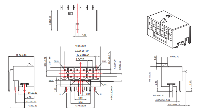 CONSHARE 3.0mm pitch PCIe 12VHPWR 12+4Pin right angle DIP wafer connector 3D drawing and dimensional specifications
