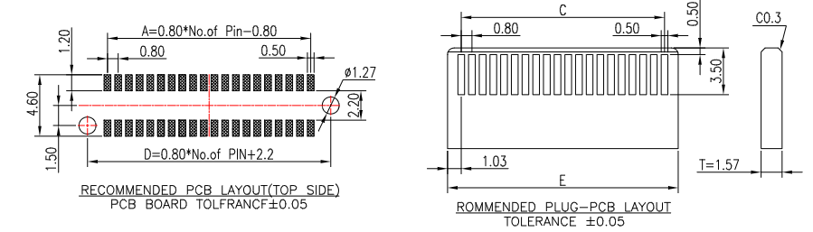 Recommended top-side PCB pad layout and plug footprint dimensions for CONSHARE 0.8mm pitch vertical SMT connector, with &plusmn;0.05mm tolerance specifications for assembly accuracy