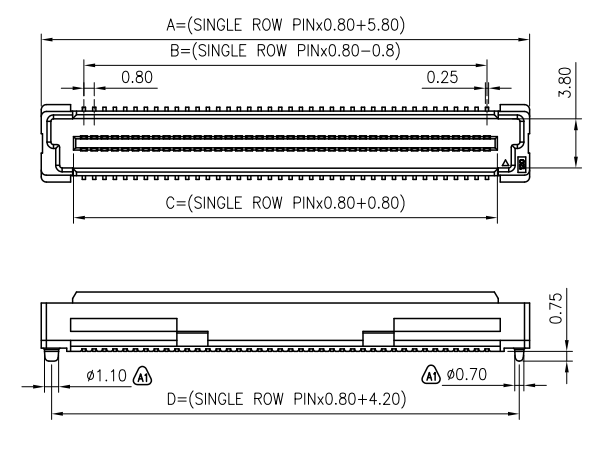 CONSHARE AA025 0.8mm Pitch 120Pin Vertical SMT BTB Male Header Overall Dimension Specification Drawing