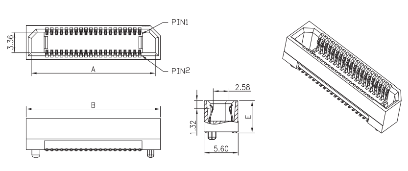 CONSHARE 0.8mm pitch vertical board-to-board female receptacle 80 pin SMT connector dimensions drawing with 3D view