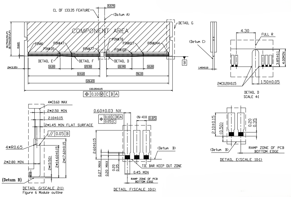 DDR4 module mating detail showing component keep-out area, PCB ramp zone, tie-bar clearance, and insertion geometry