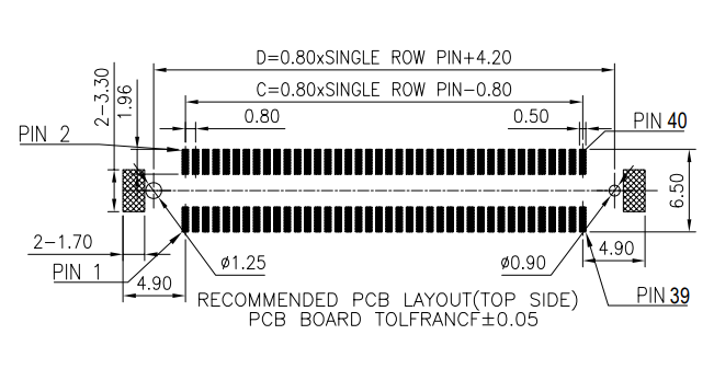 Recommended top-side PCB land pattern for the CONSHARE 2x60Pin 0.8 mm pitch BTB female socket, showing pad rows, row spacing and board tolerance