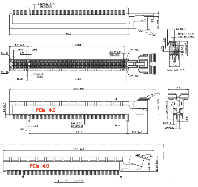 Mechanical outline drawing of the CONSHARE PCIe Gen 4 x16 164-pin card-edge connector, top, side, and latch-open views