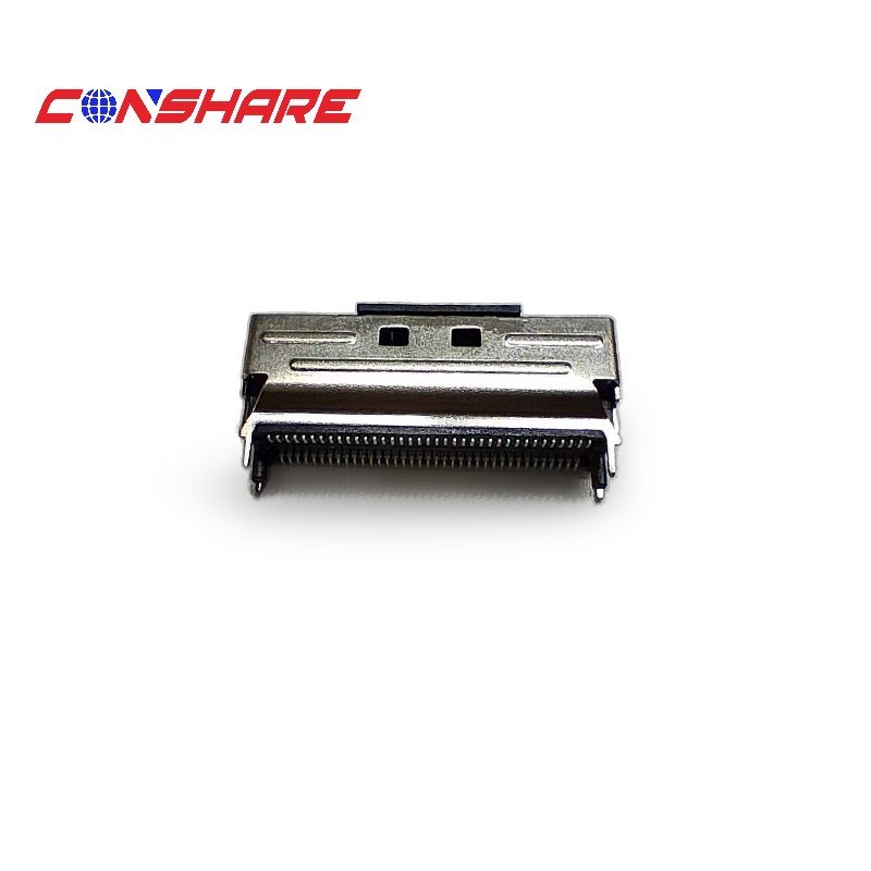 MCIO 74P Connector 0.6mm Pitch PCIe Gen5, Vertical Through Hole, 30μ" Gold Plating, Black Metal Shell, 2.20mm Pin Length