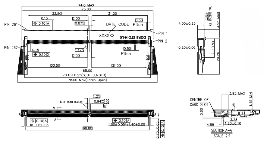 CONSHARE CUR002S5401XX SODDR5 262-pin connector mechanical drawing showing 4.0mm height profile, side cross-section A-A, and overall dimensions with 0.50mm pitch