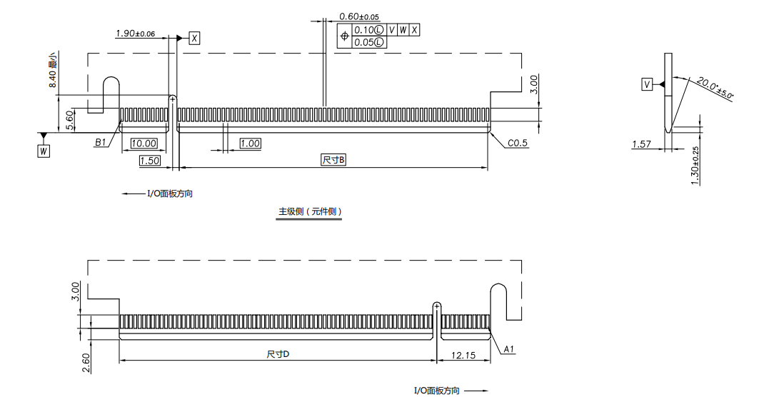 CONSHARE PCIe 5.0 SMT connector component side and solder side profile view with mounting geometry