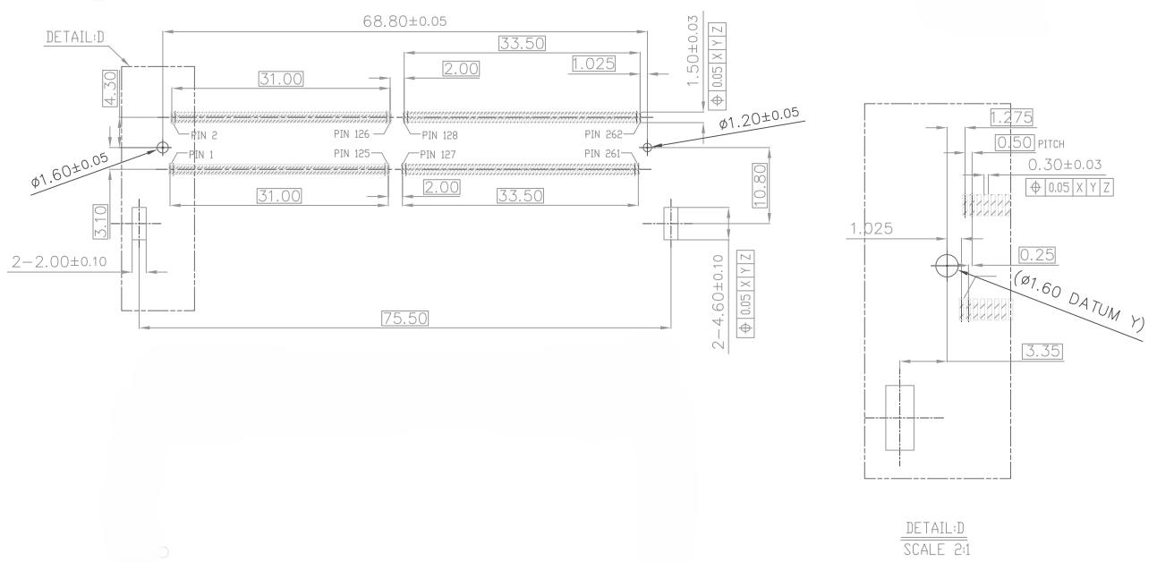 CONSHARE CUR008S5401XX DDR5 SO-DIMM 262-pin RVS socket outline drawing with pin numbering and overall dimensions
