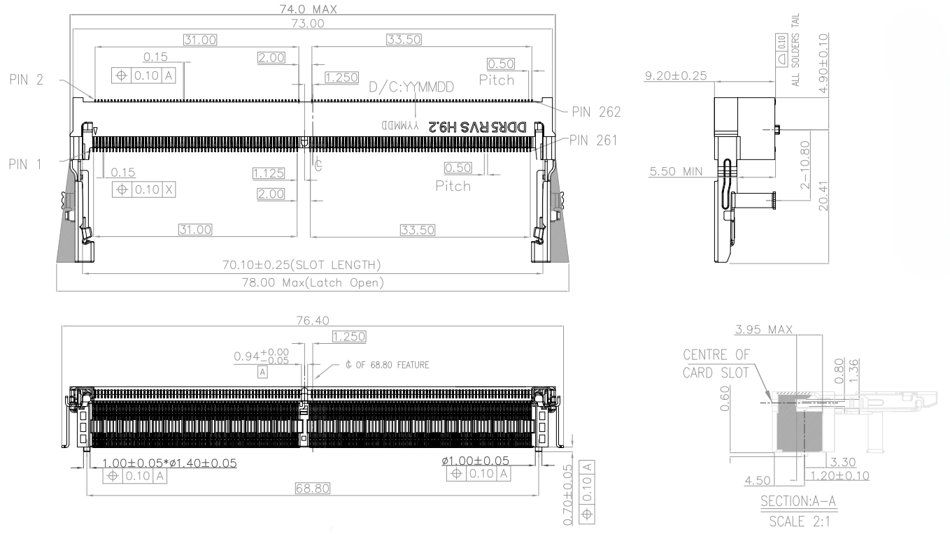 CONSHARE CUR008S5401XX DDR5 SO-DIMM 9.2mm profile side view drawing showing latch mechanism and height dimensions