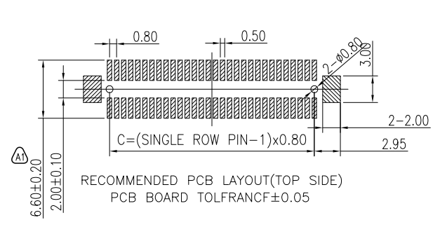 Recommended top-side PCB pad layout drawing for CONSHARE 0.80mm pitch floating BTB male header with tolerance specification