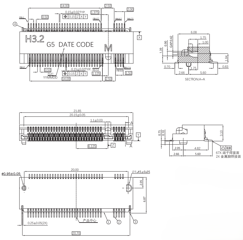 M.2 H3.2 M-Key Gen5 connector mechanical drawing with G5 marking and dimensional details for CONSHARE CUF016G67M108