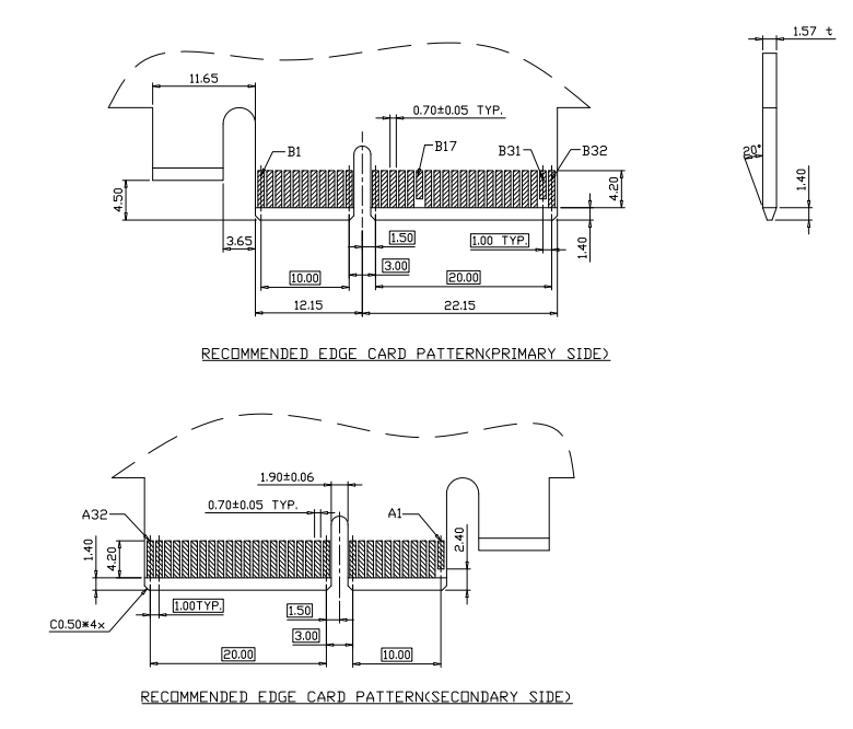 Recommended mating card edge pattern for PCIe 64P clamp connector, primary and secondary sides, 0.70 mm pad width on 1.00 mm pitch with 20&deg; chamfer