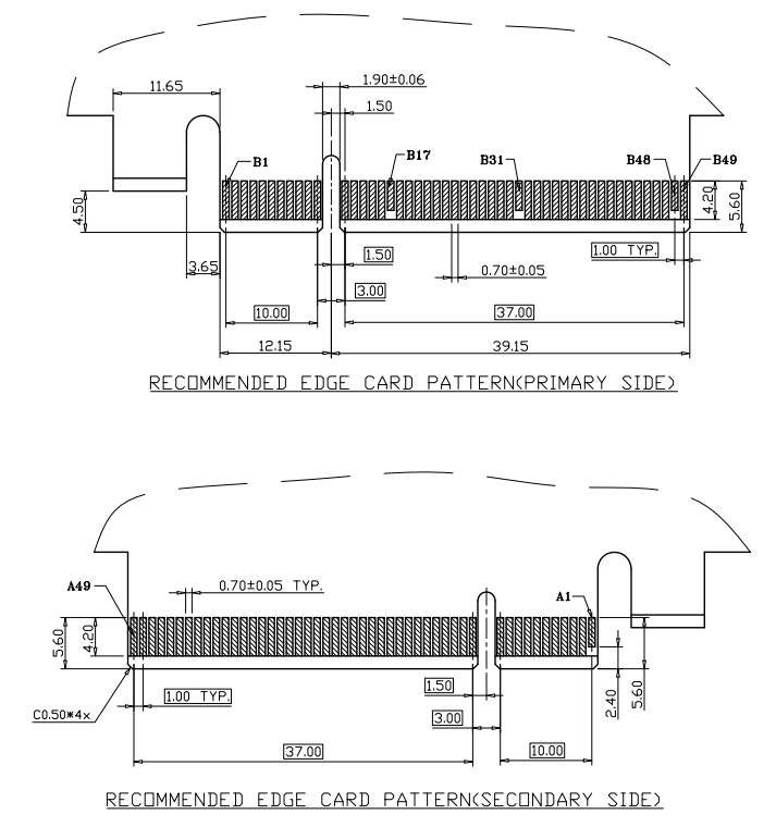 Recommended edge card pattern for CONSHARE PCIe 98P clamp connector showing 1.57 mm card thickness, 20-degree entry bevel, and 0.70 mm finger pad dimensions on primary and secondary sides