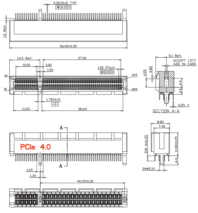  CONSHARE PCIe Gen4.0 16GT/s 98-pin slot connector with post, showing overall dimensions and cross-section for add-in card alignment.