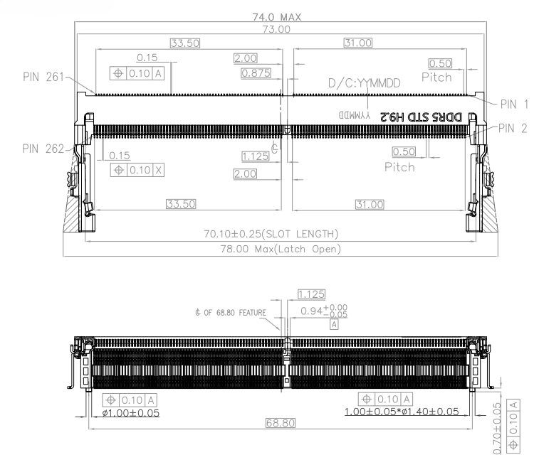 Front view of 9.2mm standard-height DDR5 SO-DIMM 262-pin slot connector with pin numbering and date code marking area