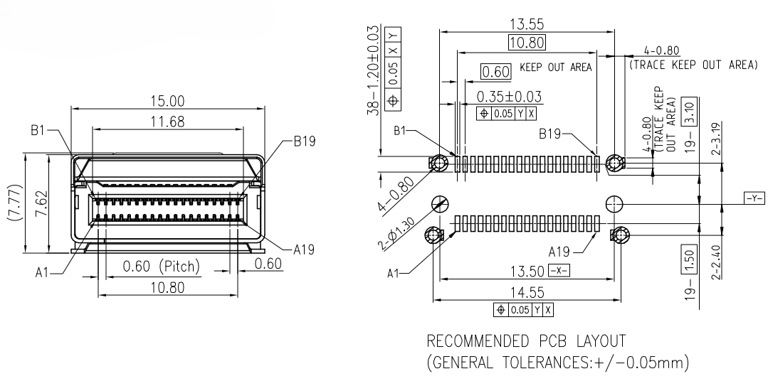 MCIO 38P connector mechanical drawing section A-A with mounting dimensions CONSHARE