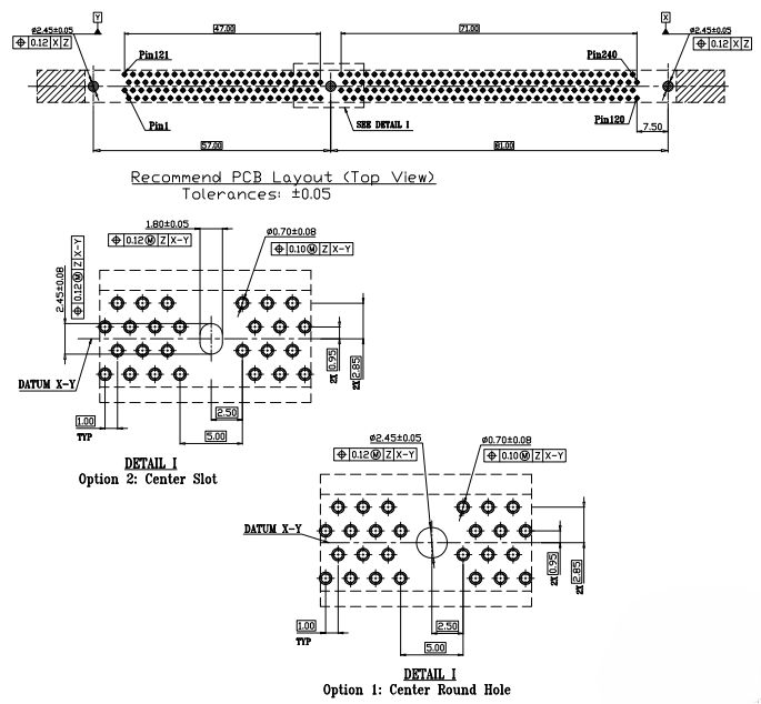 Recommended PCB layout for DDR3 240-pin DIP socket showing pin 1 to pin 240 orientation and center slot versus center round hole mounting options