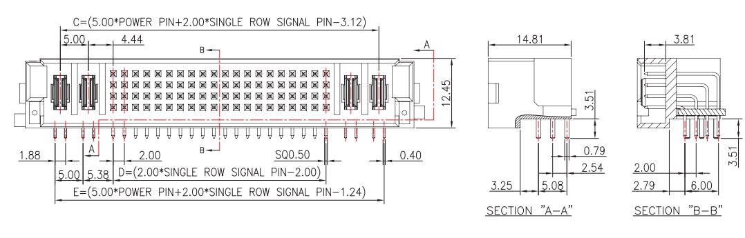 CONSHARE combo connector dimensional drawing with cross section views