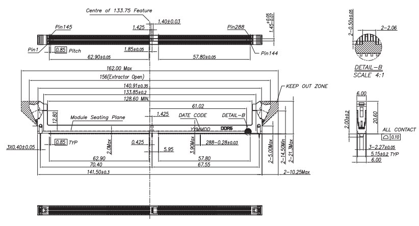 CONSHARE CUR028U551147 DDR5 288-pin UDIMM short latch connector side view showing 120mm envelope, module seating plane, and extractor clearance dimensions.