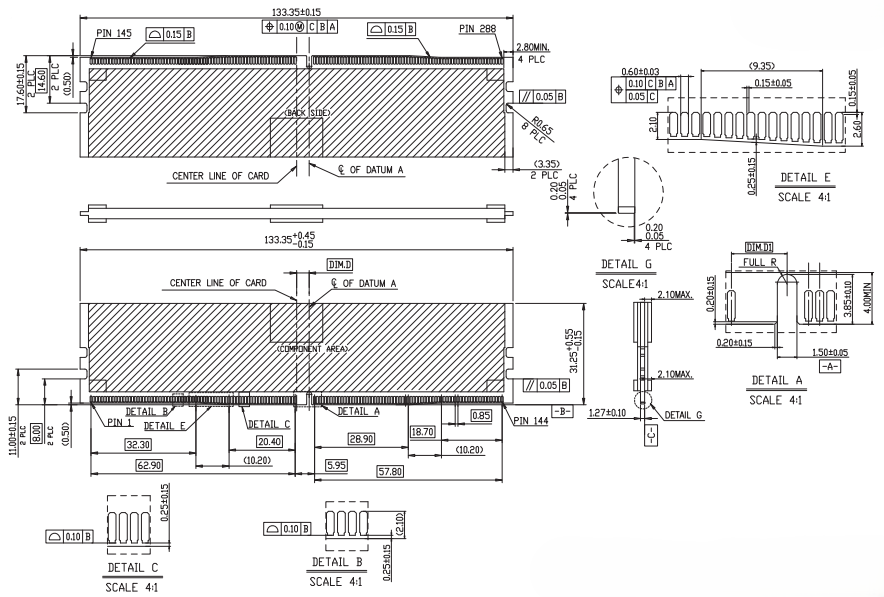 Detailed mechanical drawing of CONSHARE CUR028U551147 DDR5 UDIMM connector with contact geometry, housing cross-sections, and datum dimensions.