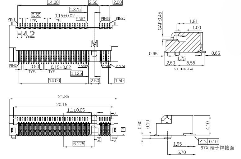 PCB landing pattern and pin assignment for CONSHARE M.2 4.0H Gen4 connector – 67-pin dual-row SMD footprint with M-Key/E-Key pad layout