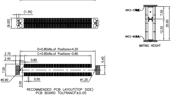 CONSHARE 0.8mm Pitch BTB Connector 2x15 Pin Recommended PCB Footprint Layout and Mating Height Diagram