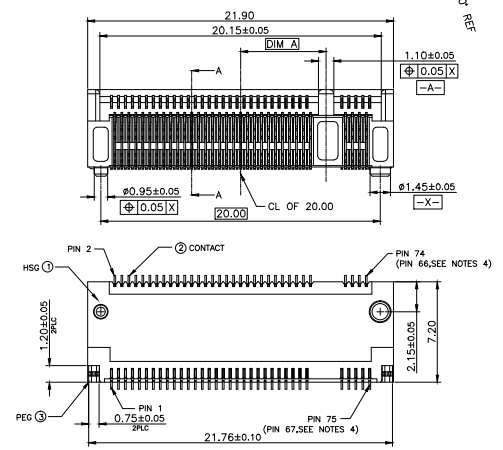 CONSHARE A128906711RHF M.2 B-Key connector mechanical dimensions 3-view drawing, including pinout, height, and tolerance specifications