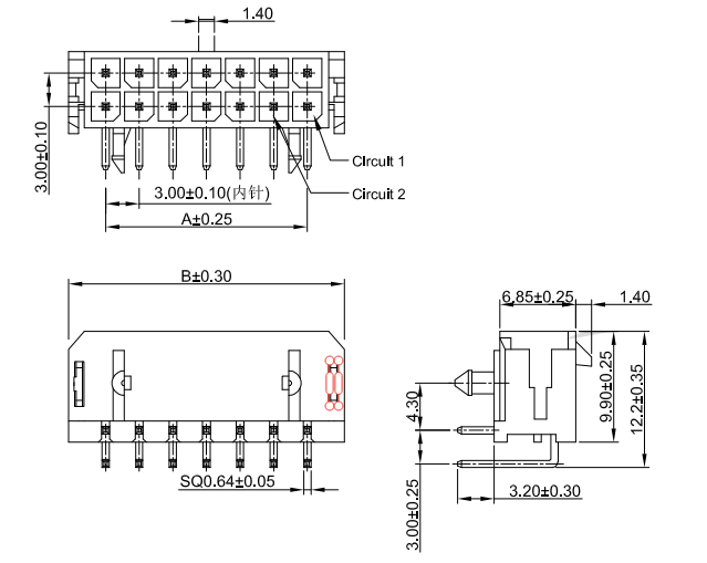 CONSHARE 3.00mm pitch 90 degree right angle wafer connector 2x4 pin technical drawing with dimensions