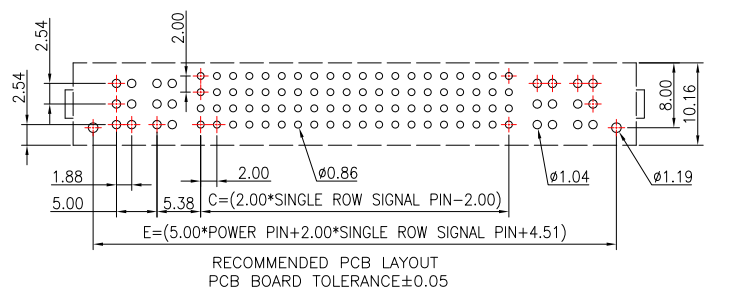 recommended PCB layout and footprint for 5.0mm pitch female header DIP through-hole mounting with tolerance &plusmn;0.05mm