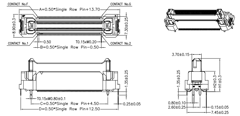 CONSHARE 0.5mm vertical floating through-hole BTB male connector full outline cross-section dimension schematic, including pin length, mating height and housing outline dimensional data