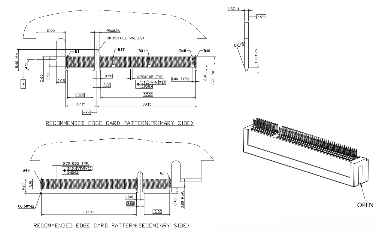 3D view of PCIe Gen 4.0 98-pin open clamp-type connector showing OPEN side and recommended primary/secondary edge card pattern