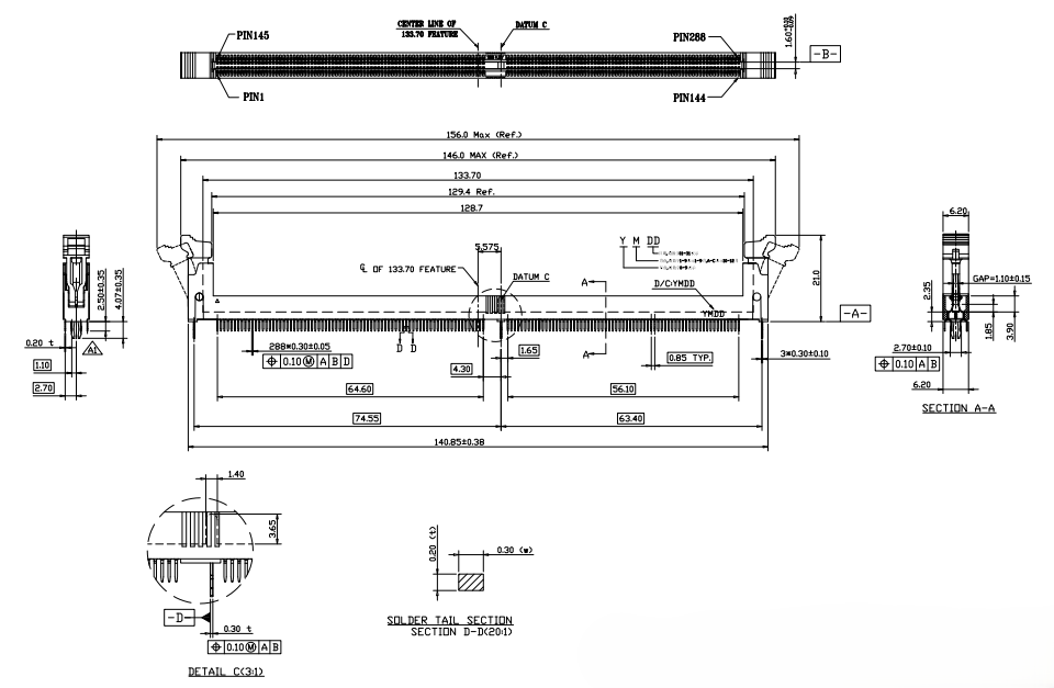 DDR4 288-pin DIMM socket mechanical drawing showing overall length, 288-pin dual-row arrangement, cross-section profile, and solder tail detail