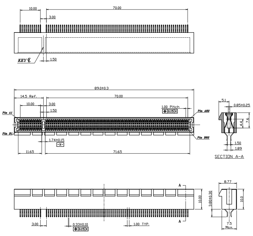 BR1641X50XXXX PCIe 164-pin traditional board-mount connector with non-rib housing, no-stand-off base and large retention clip, engineering drawing showing top, side and cross-section views.